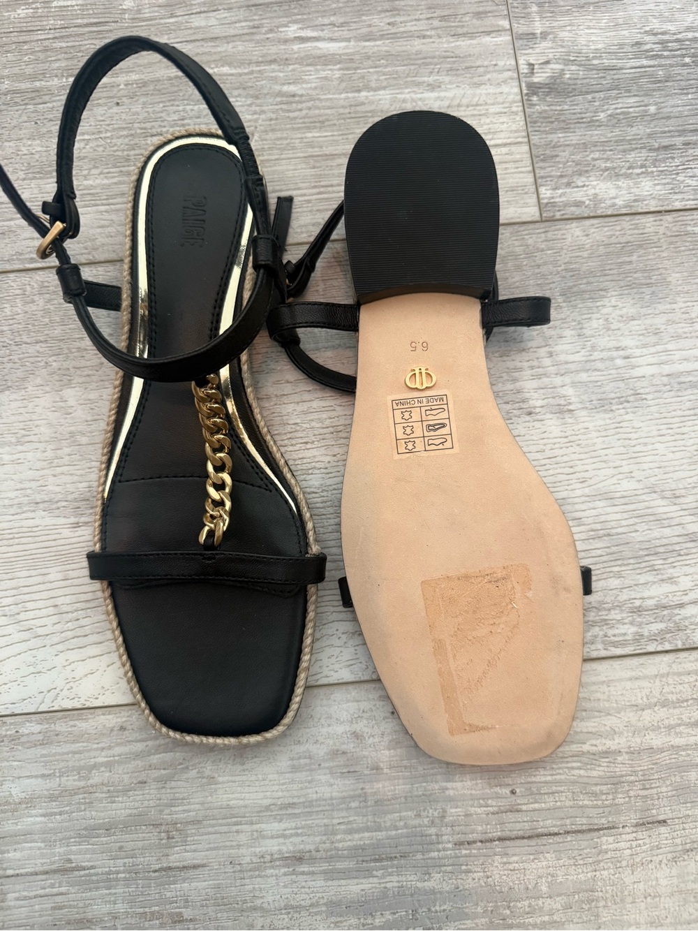 PAIGE Black Leather T-Strap Sandal with Gold Chain Accent - Size 6.5 - Picture 3 of 5